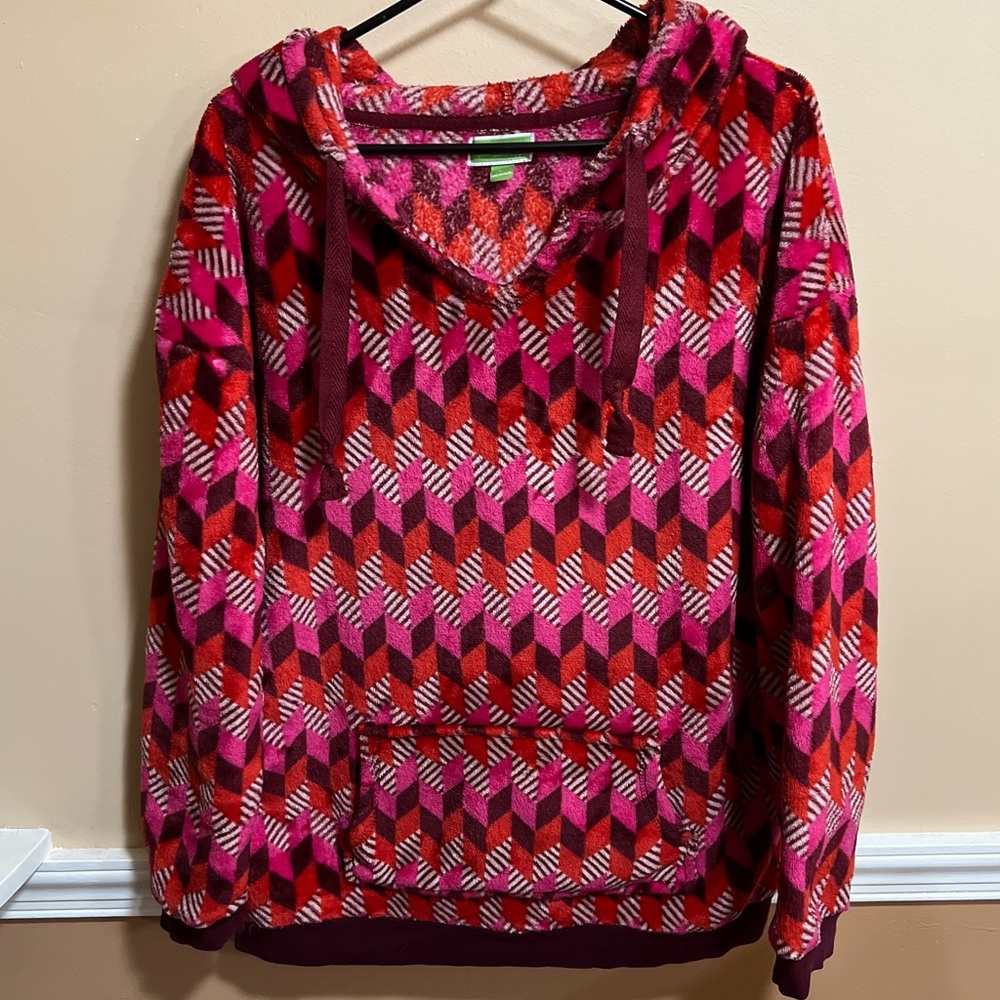 Vera Bradley Women's L Fleece Pullover Hoodie Sweatshirt Pink Red Geo Print